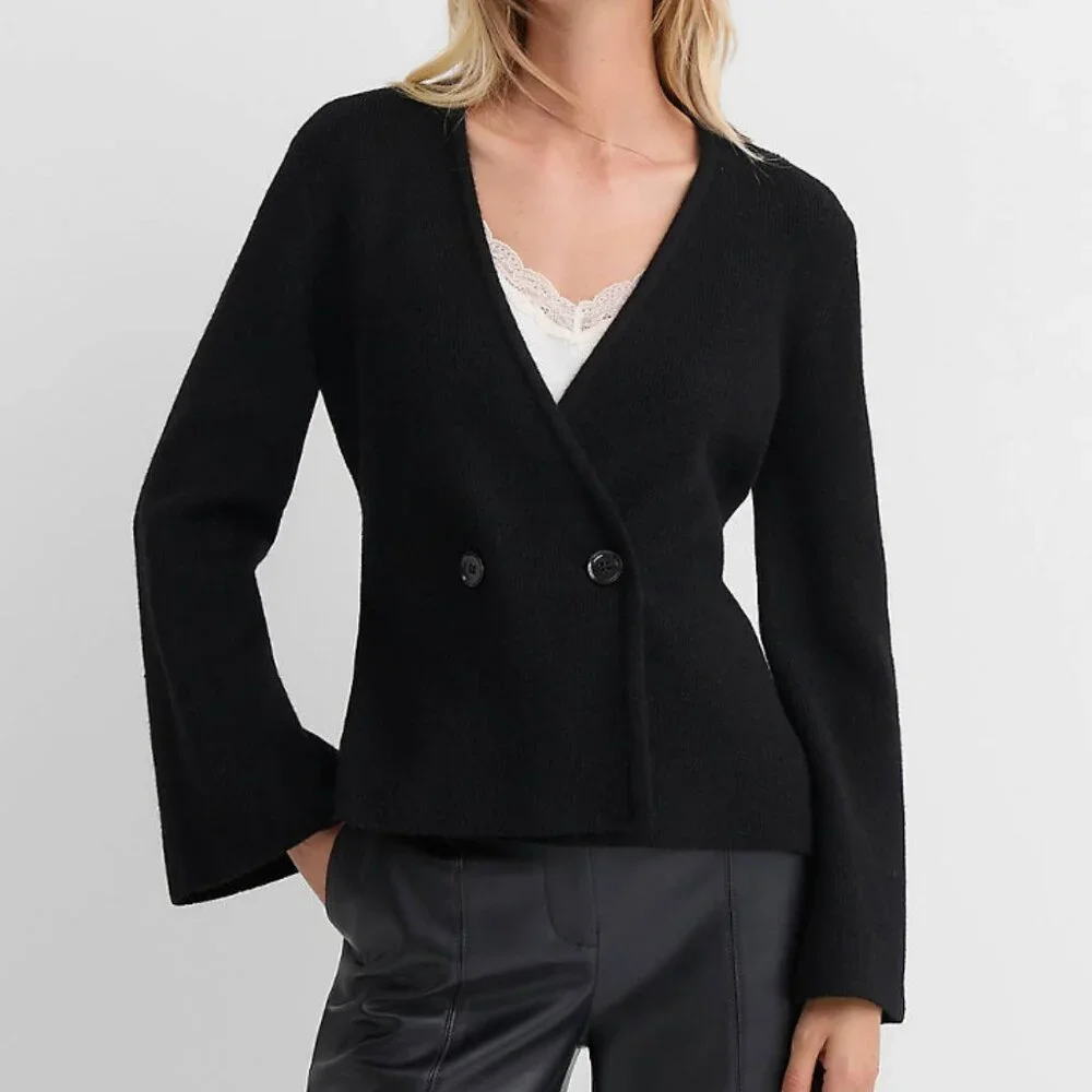 LOFT | 2025 Ribbed Double Button Sweater Jacket in Black | Size Small Petite